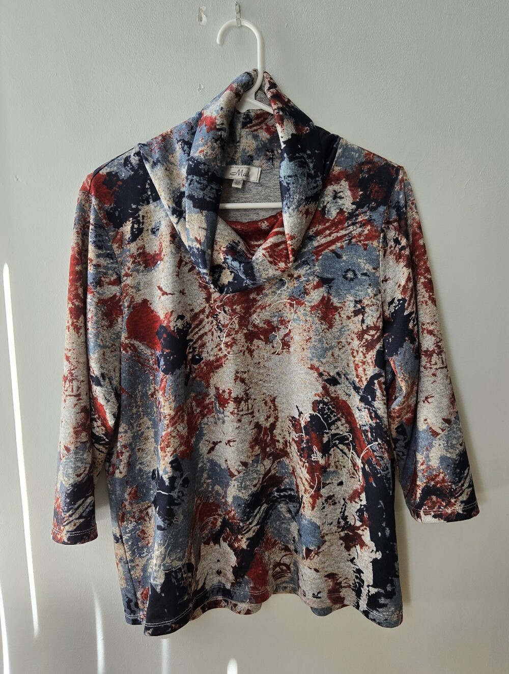 "Max" Abstract Print Cowl Neck Top Red, Blue, Gray Soft Relaxd Fit Career Casual